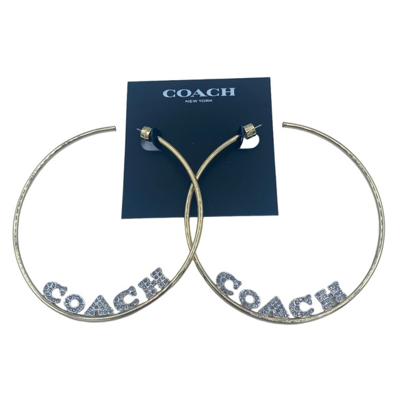 NWT Coach massive huge gold tone Signature Logo Hoop Earrings with rhinestones - Picture 13 of 13